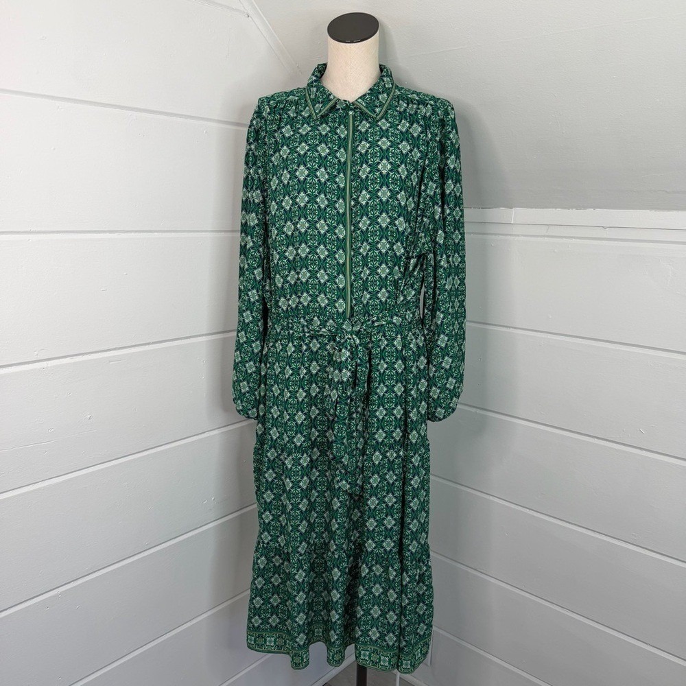 Max Studio 3X Green Geometric Print Midi Dress Long Sleeves Derby NEW